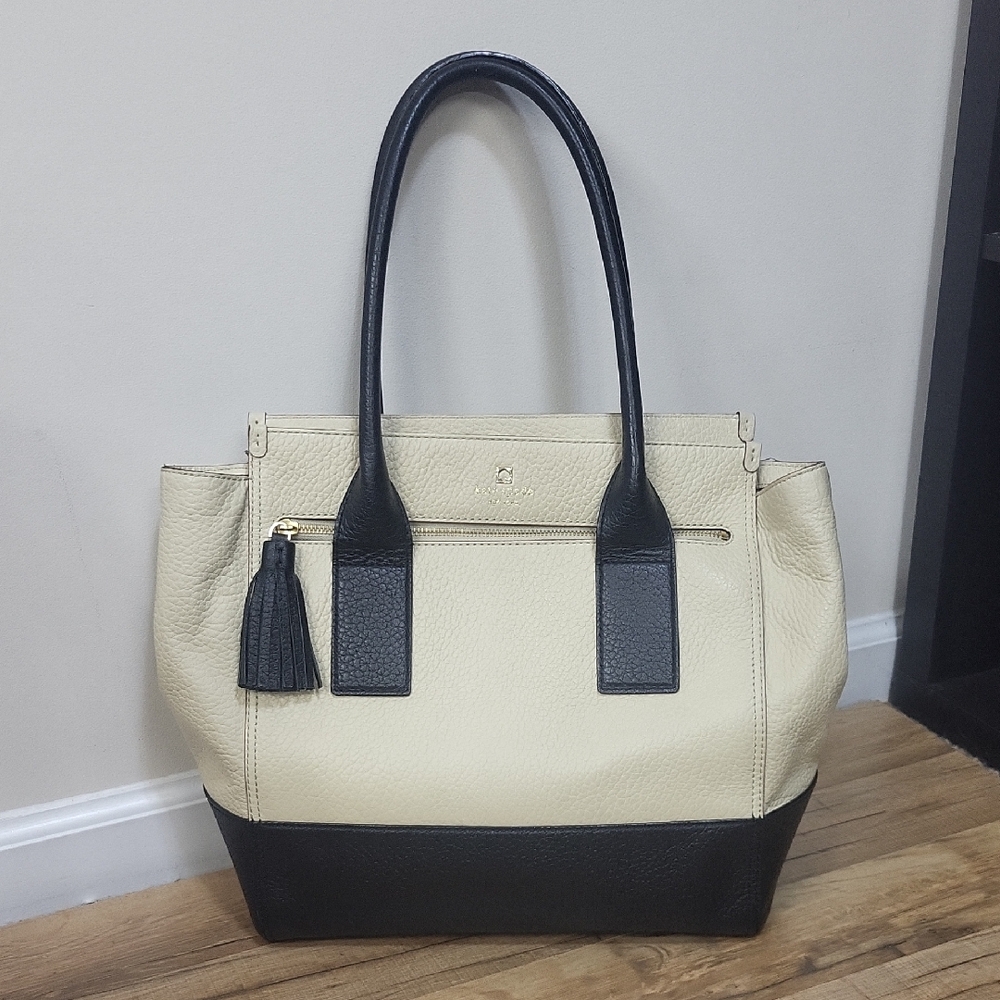 KATE SPADE Black Cream Pebbled Cow Leather SOUTHPORT AVENUE ODEN Shoulder Tote